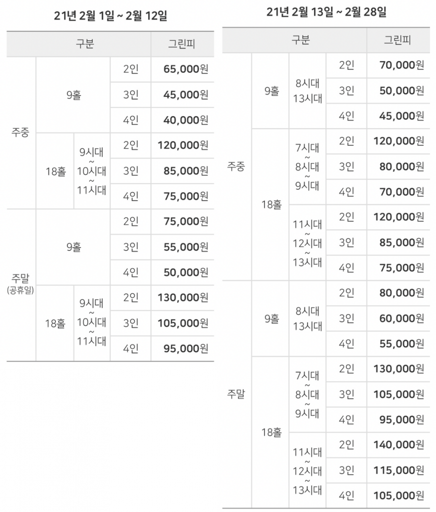 수도권 노캐디 골프장 한림 안성 2월 요금표