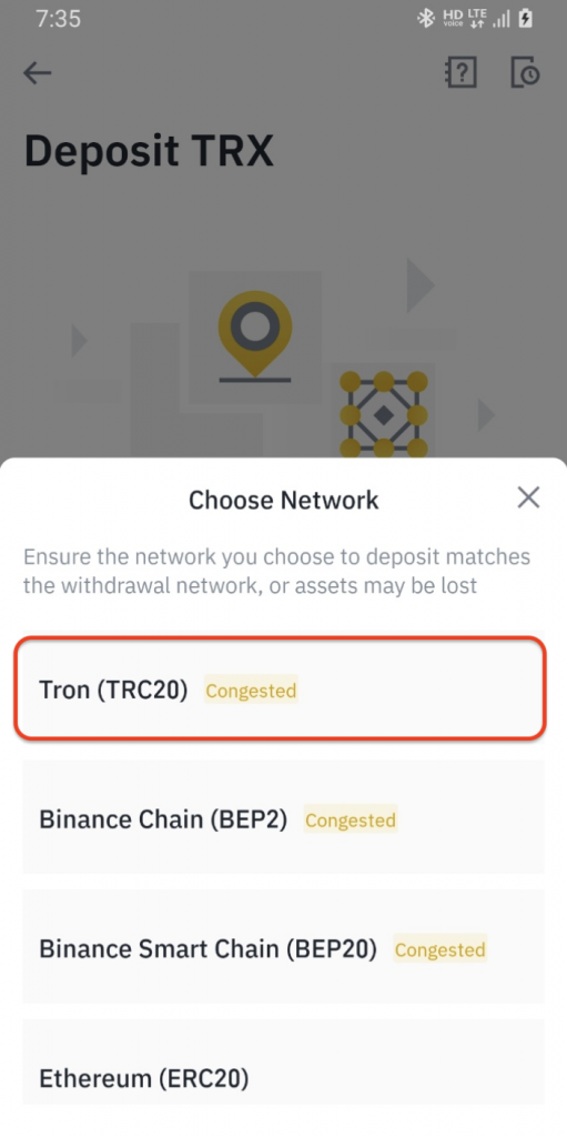 업비트에서 바이낸스 전송을 위한 Tron (TRC20) Network 선택